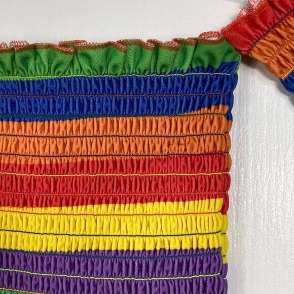 NWT STYLEWISE Top UK 6~US 2 Rainbow Stripe Smocked Off-Shoulder Ruffle Short-Slv - Picture 3 of 6